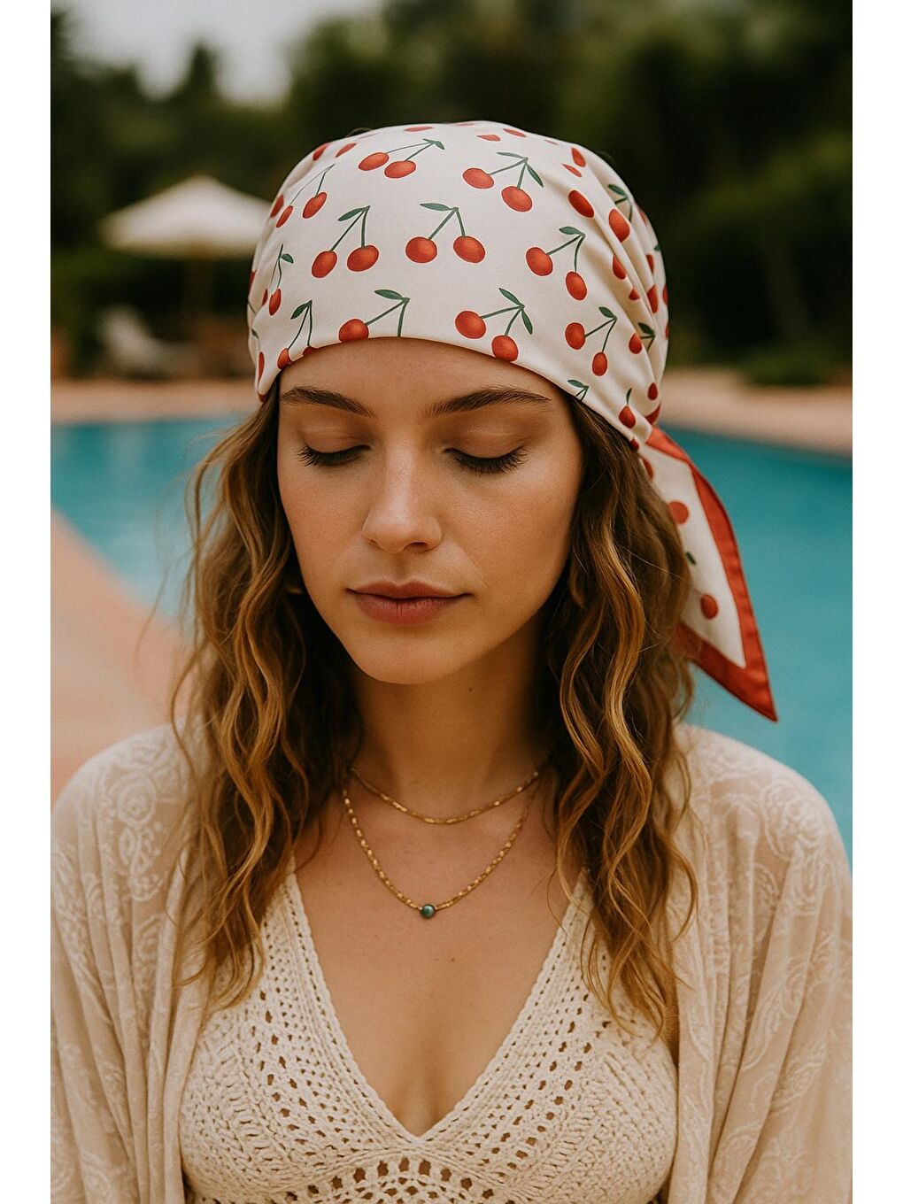 Beyaz Bohem Saten Dokulu Bandana Fular