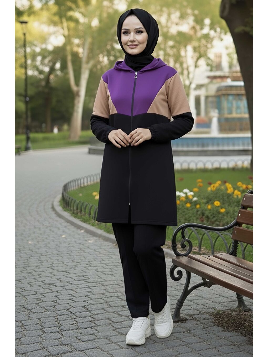 Garnili Fermuarlı İki İplik Tunik Pantolon Mor - 13107-MOR