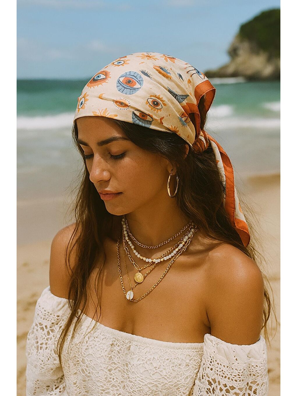 Ekru Bohem Saten Dokulu Bandana Fular