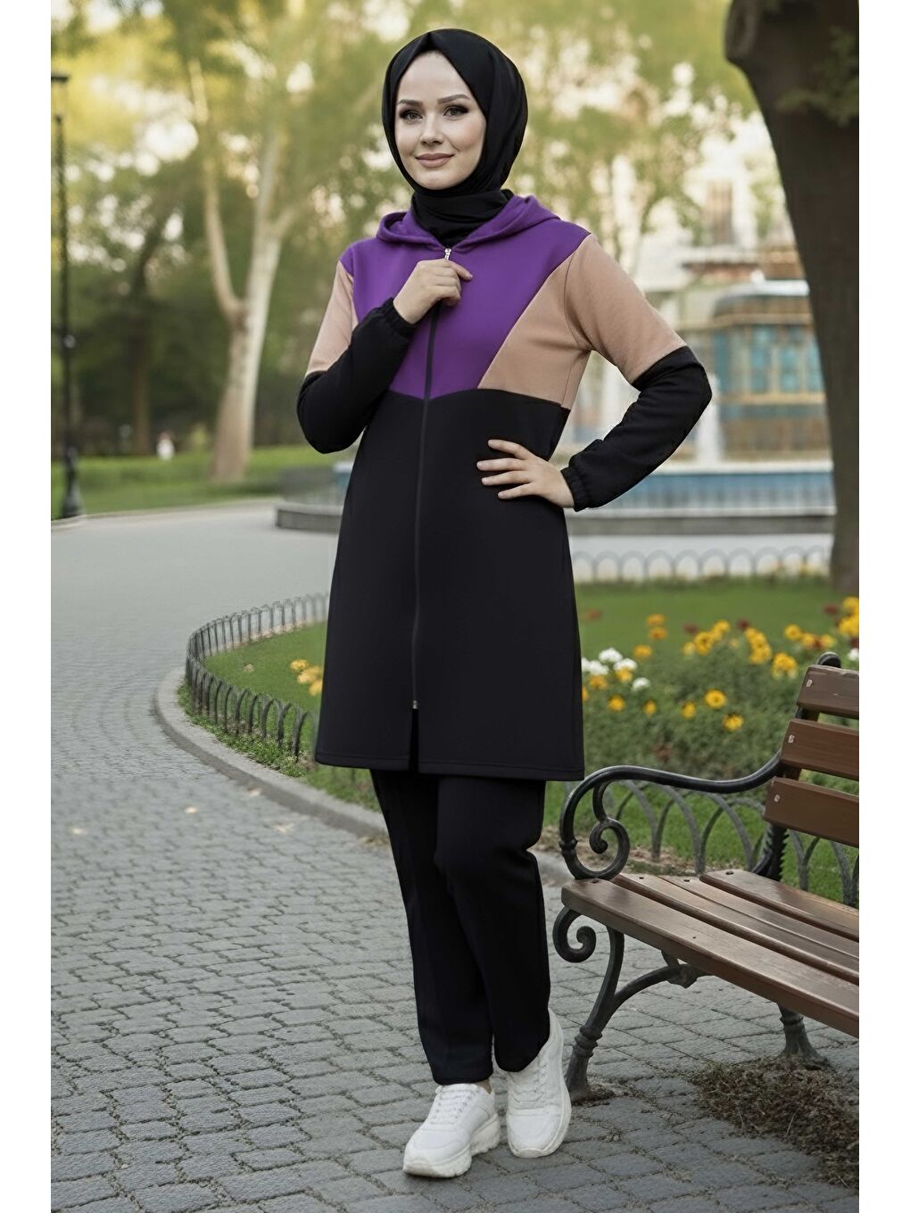 Garnili Fermuarlı İki İplik Tunik Pantolon Mor - 13107-MOR-1