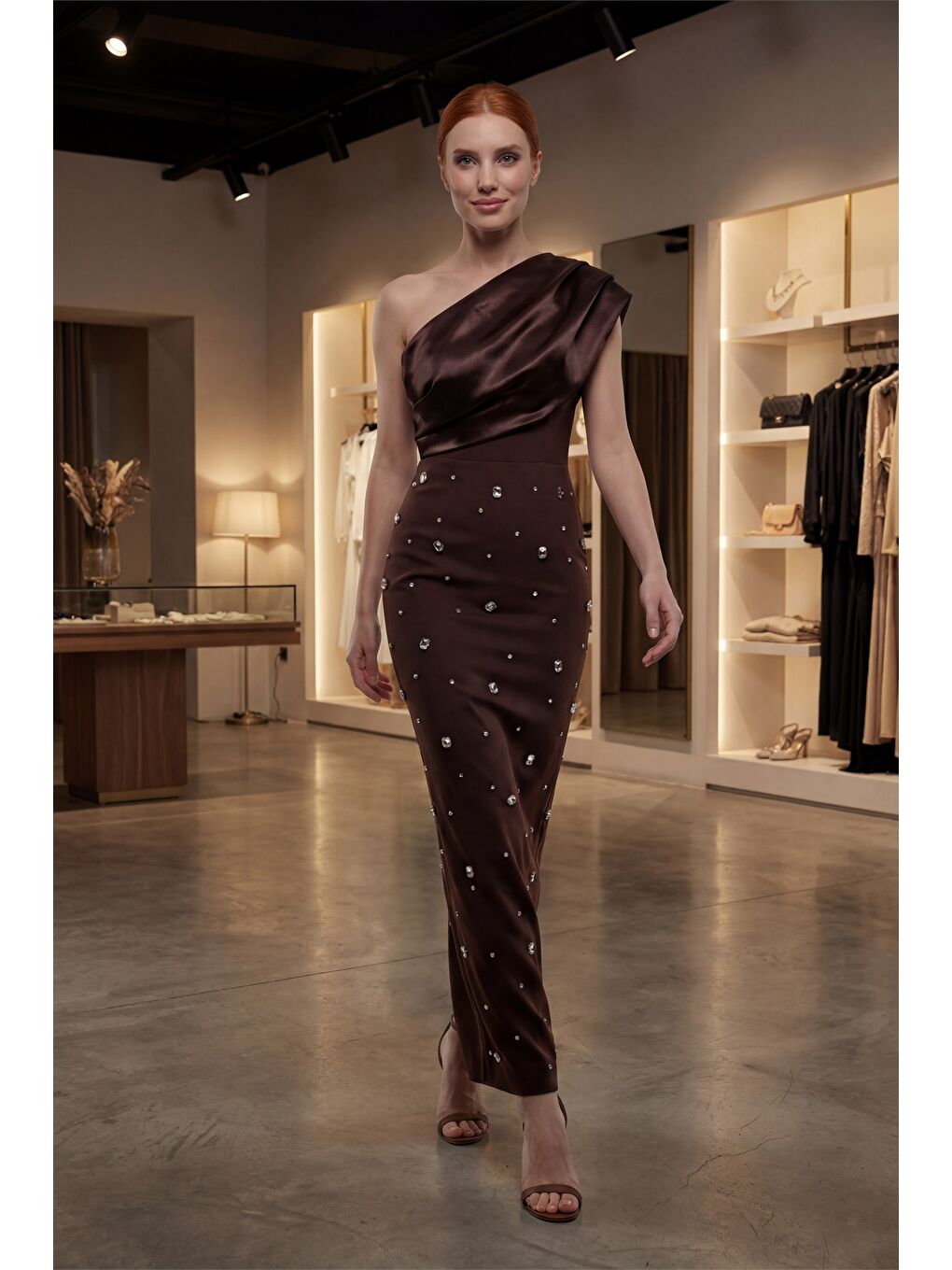 Kadın Kahverengi Dar Kalıp Tek Omuz Taşlı Söz Nişan Nikah Abiye Elbise-3