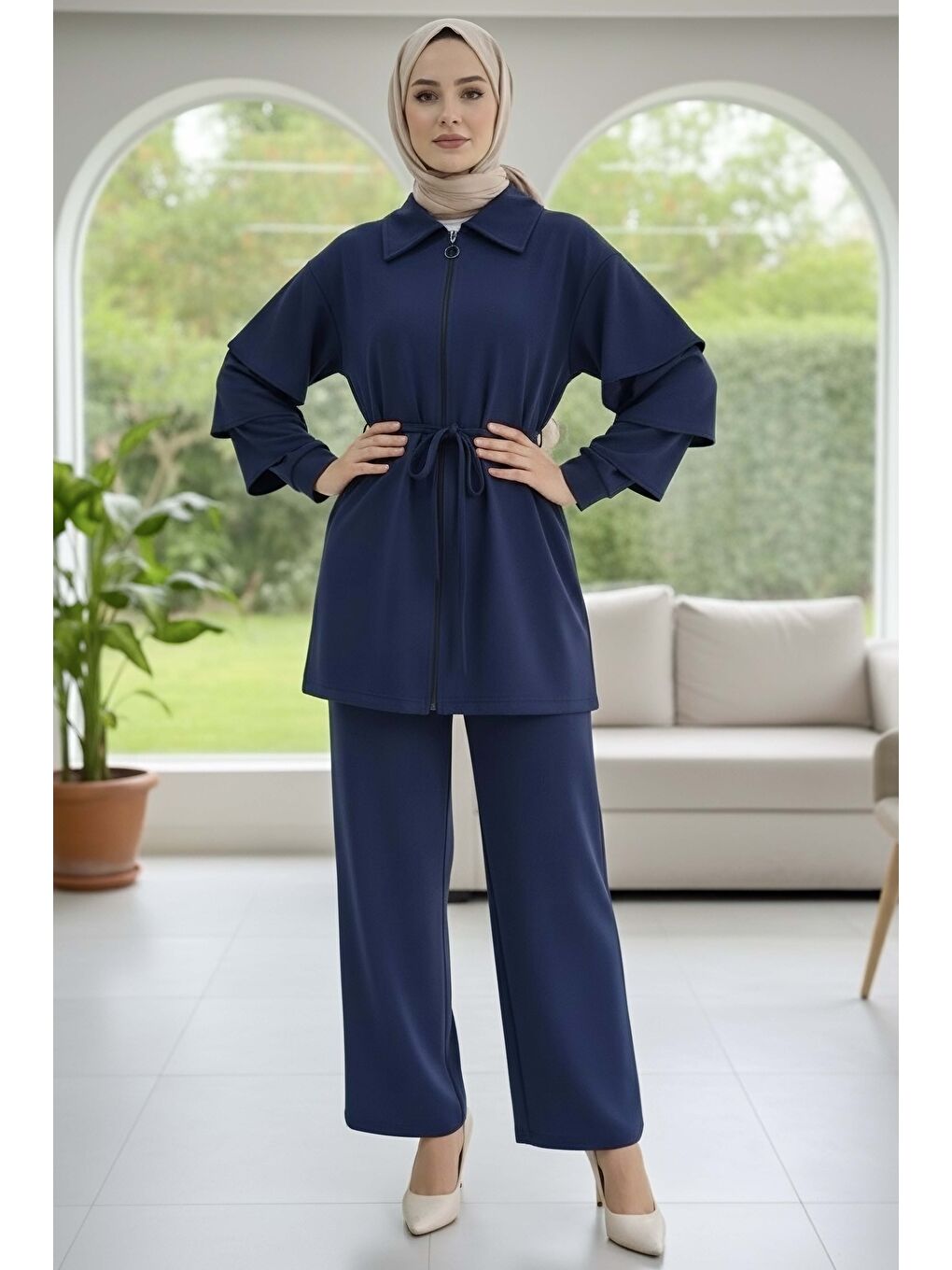 Kolları Fırfırlı Modal İkili Takım Lacivert - 089-LACIVERT-1
