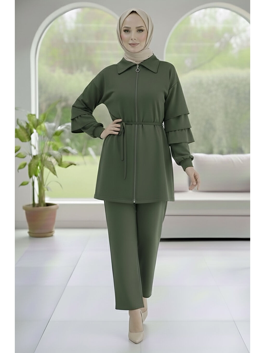 Kolları Fırfırlı Modal İkili Takım Haki - 089-HAKI-1
