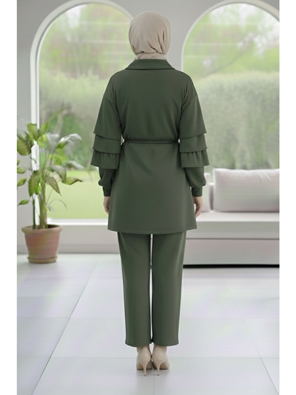 Kolları Fırfırlı Modal İkili Takım Haki - 089-HAKI-2