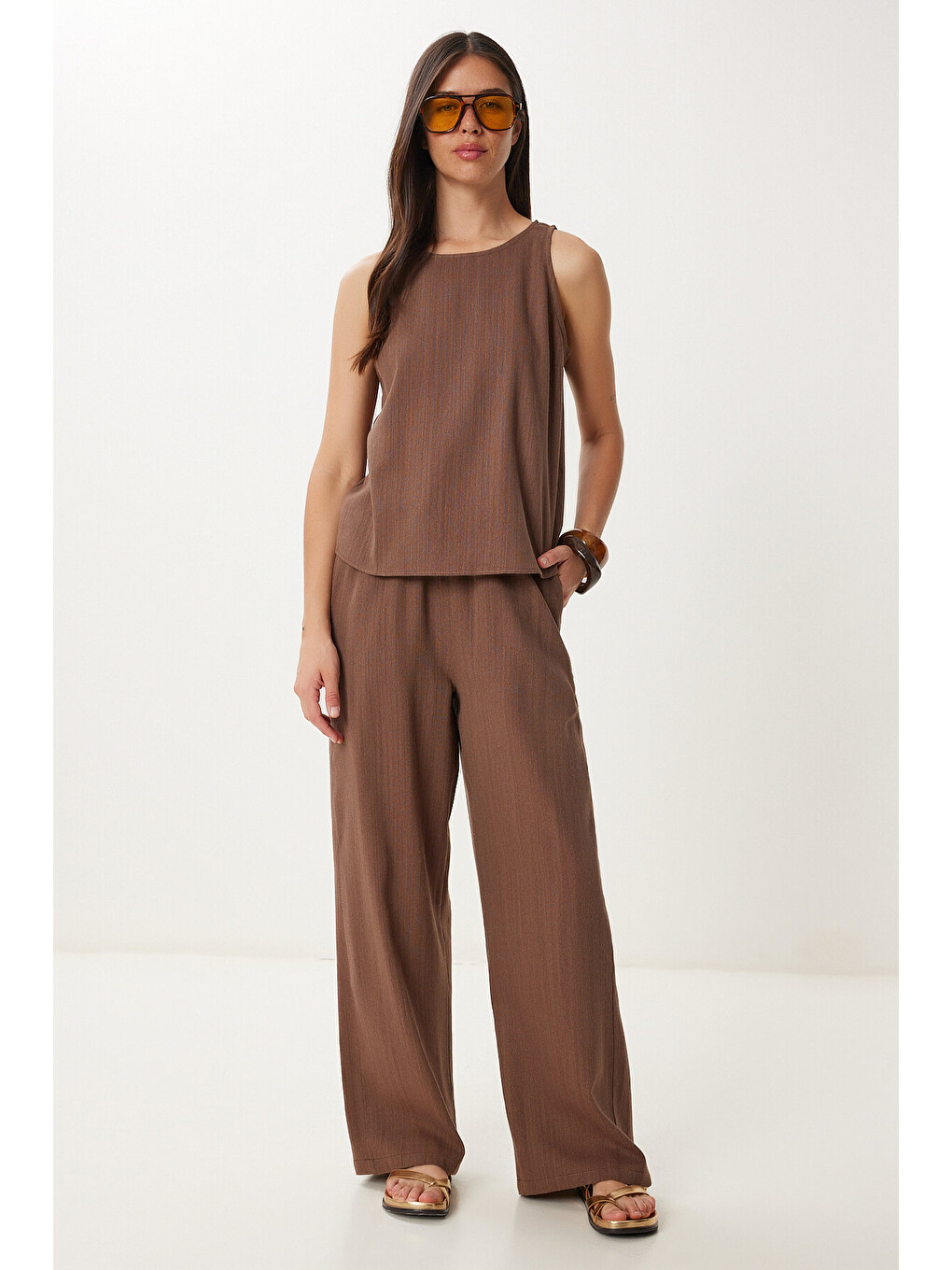 Kahverengi Keten Bluz Pantolon Takım KAHVERENGİ LMC0062-1