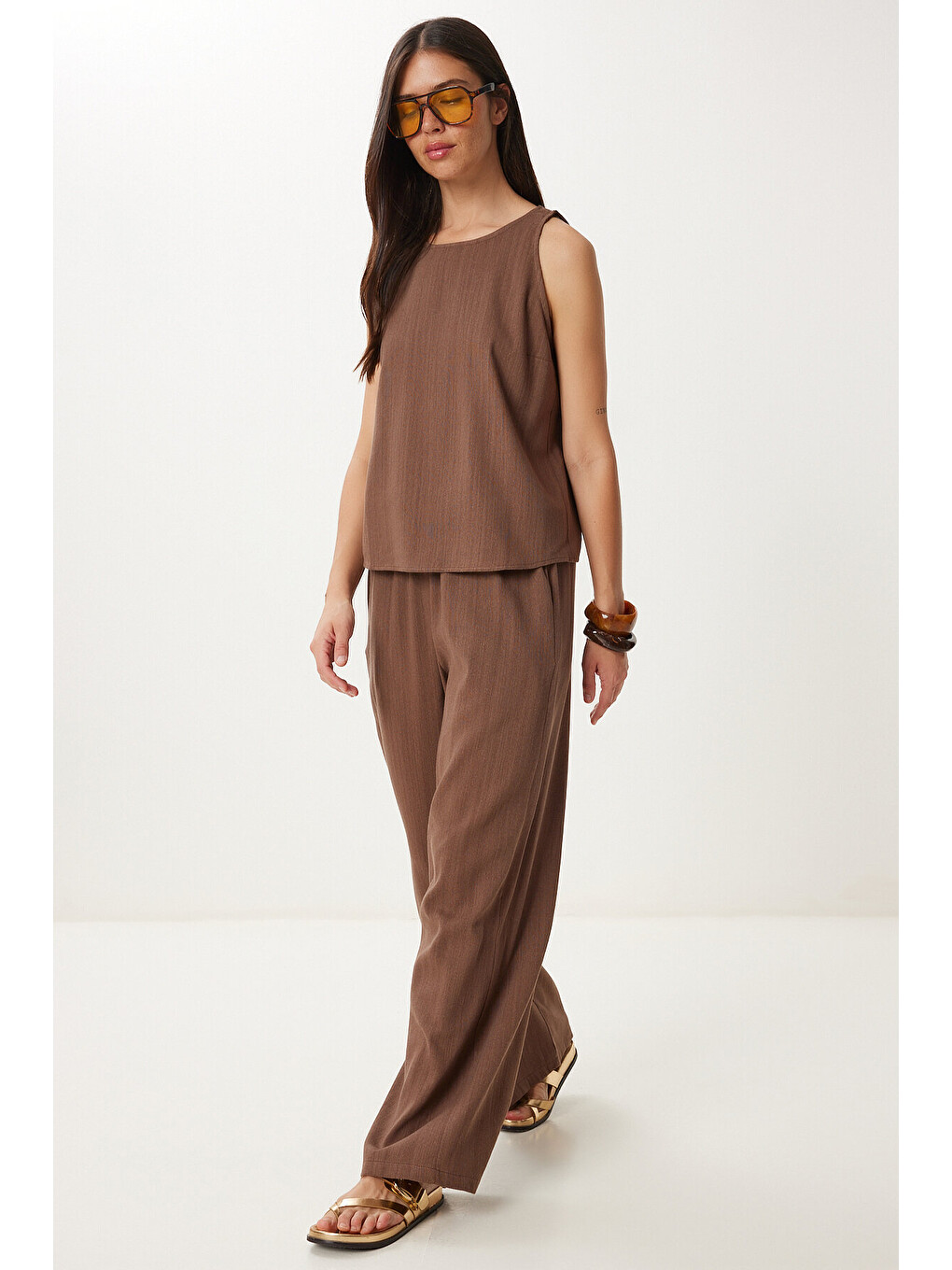 Kahverengi Keten Bluz Pantolon Takım KAHVERENGİ LMC0062-2