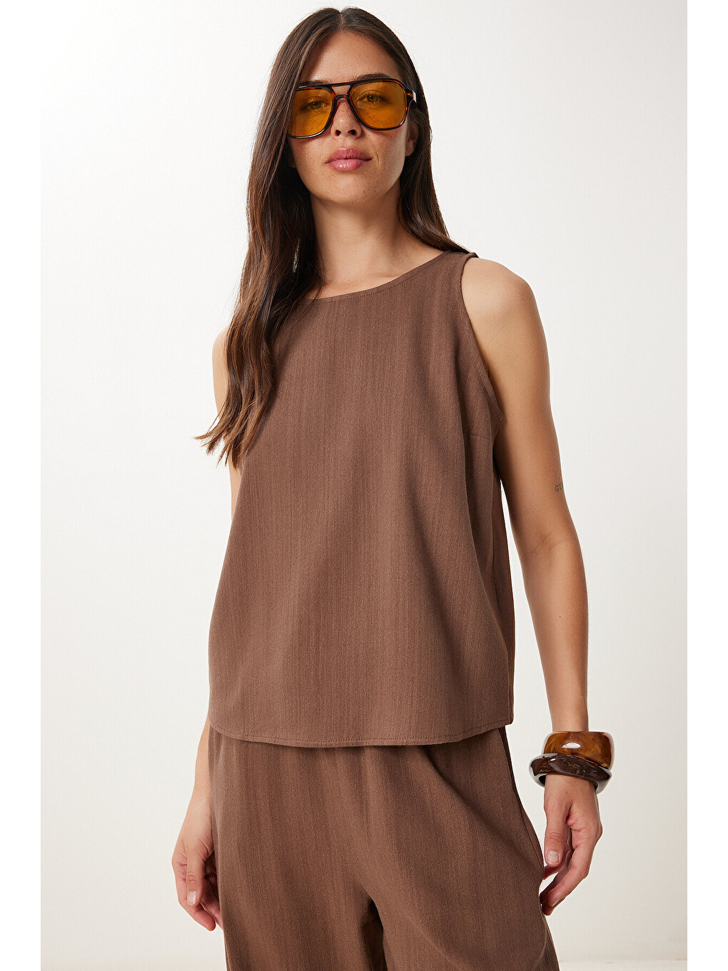Kahverengi Keten Bluz Pantolon Takım KAHVERENGİ LMC0062-3