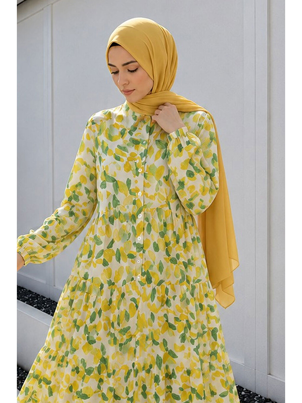 Pat Detaylı Yaprak Desenli Elbise Tsd260261 Sarı-1
