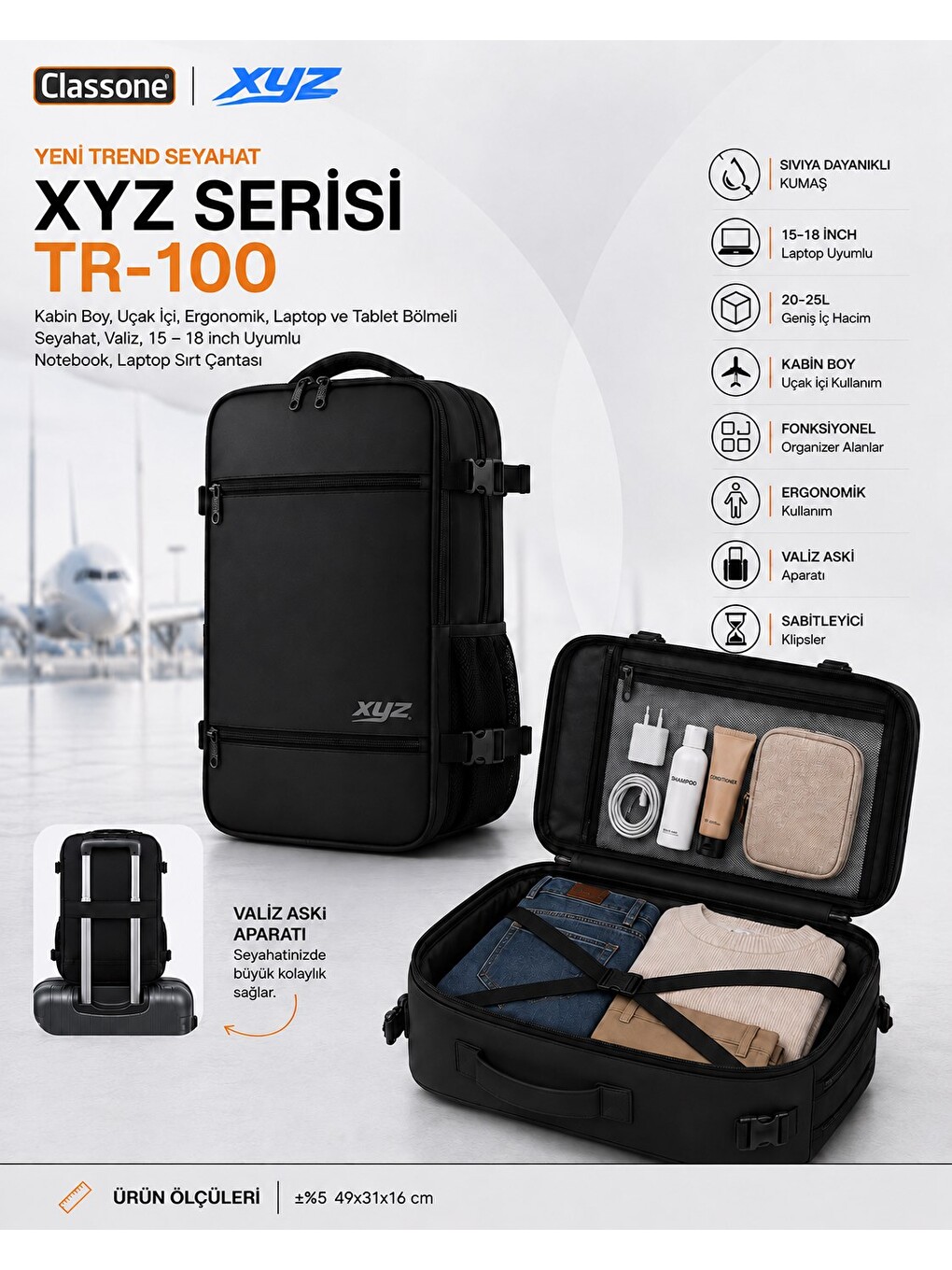 Siyah Xyz Tr-100 Kabin Boy Uçak İçi Ergonomik Laptop Ve Tablet Bölmeli Seyahat Valiz Çanta-1