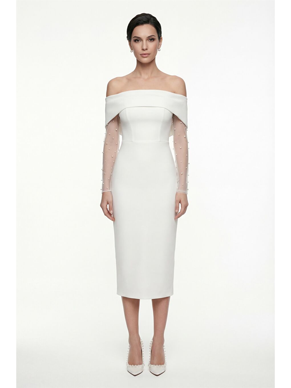 Kadın Beyaz Kayık Yaka İncili Midi Söz Nişan Nikah Abiye Elbise