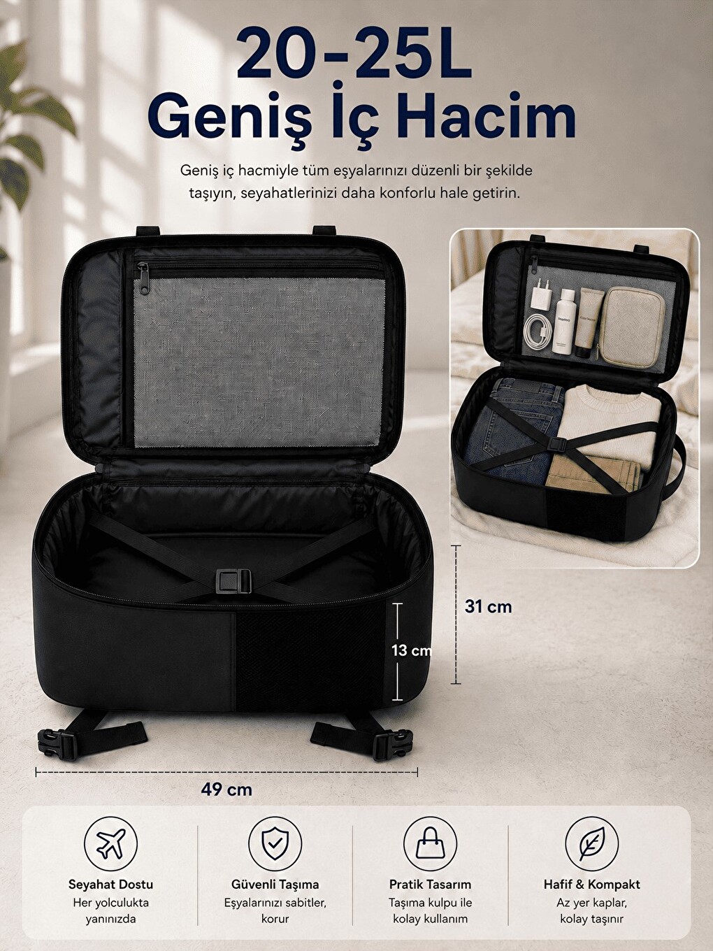 Siyah Xyz Tr-100 Kabin Boy Uçak İçi Ergonomik Laptop Ve Tablet Bölmeli Seyahat Valiz Çanta-3