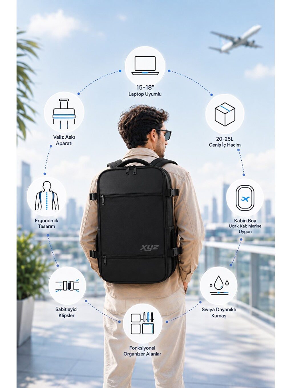 Siyah Xyz Tr-100 Kabin Boy Uçak İçi Ergonomik Laptop Ve Tablet Bölmeli Seyahat Valiz Çanta-4