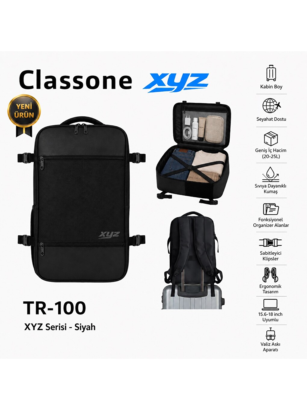 Siyah Xyz Tr-100 Kabin Boy Uçak İçi Ergonomik Laptop Ve Tablet Bölmeli Seyahat Valiz Çanta-5