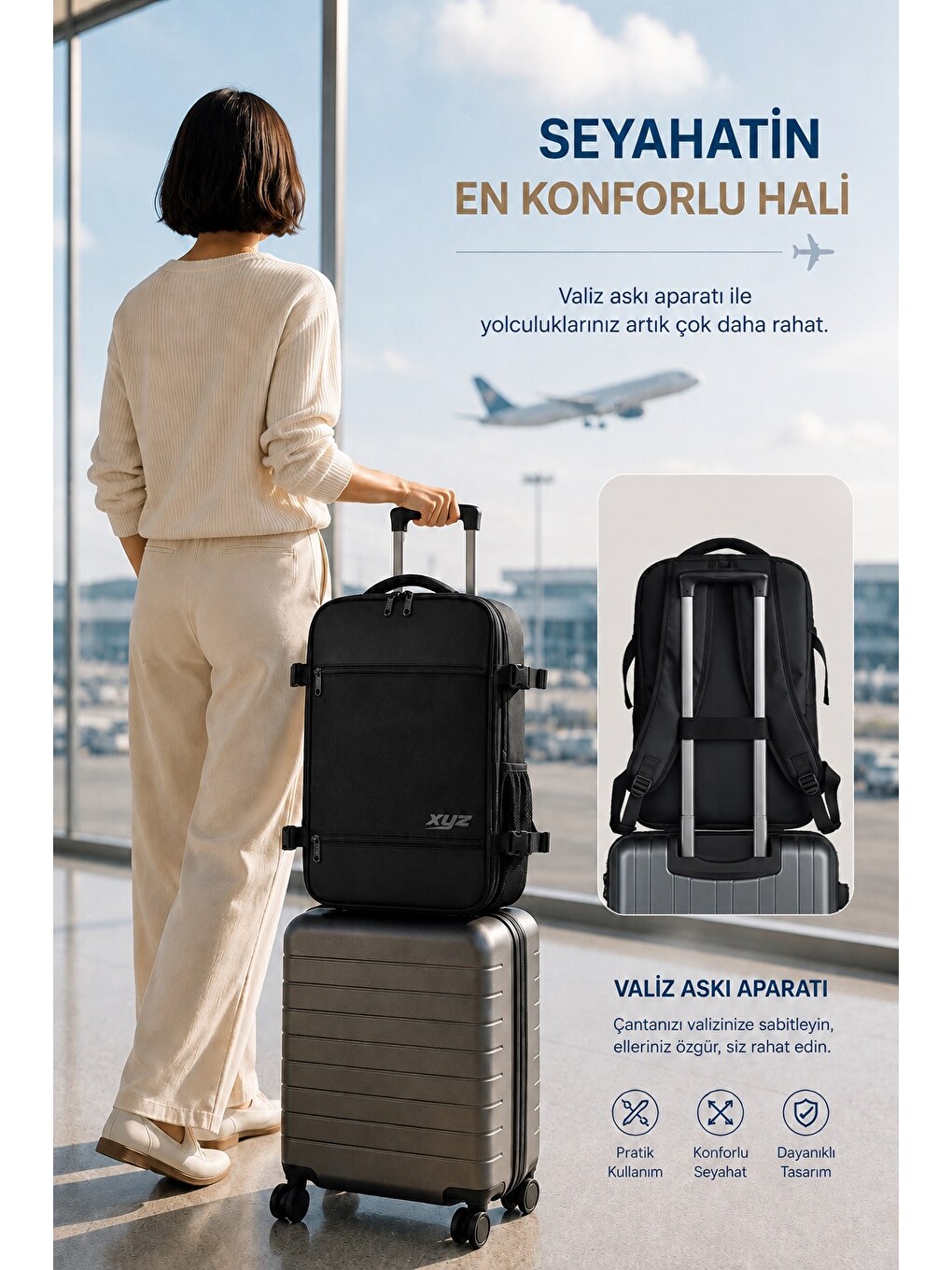 Siyah Xyz Tr-100 Kabin Boy Uçak İçi Ergonomik Laptop Ve Tablet Bölmeli Seyahat Valiz Çanta-6