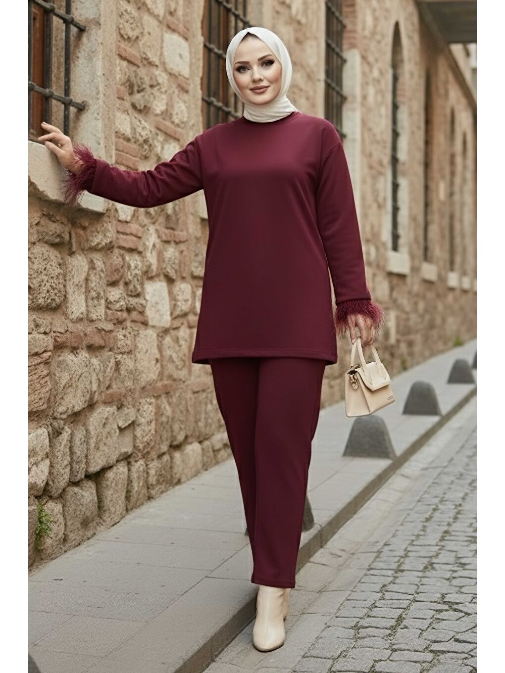 Kol Ucu Tüylü Modal İkili Takım Bordo - 088-BORDO-1