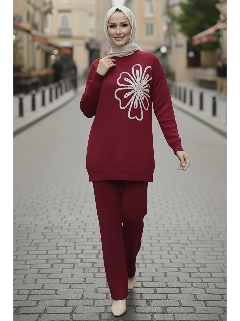 Çiçek Nakışlı İkili Triko Takım Bordo - 28062-BORDO-1
