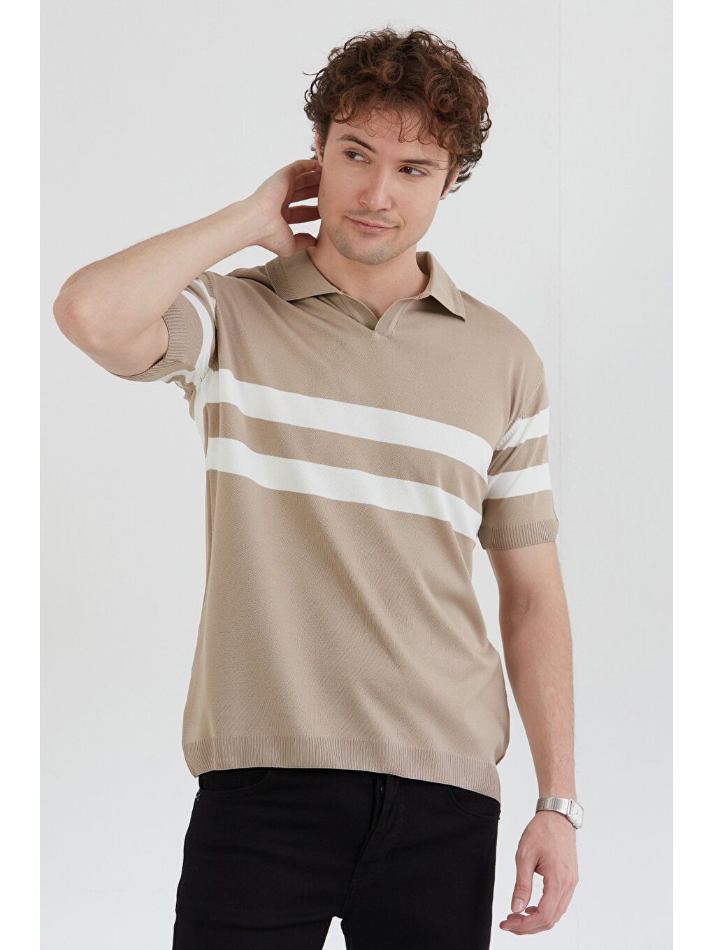 Bej Polo Yaka Çizgili Triko Tişört-2