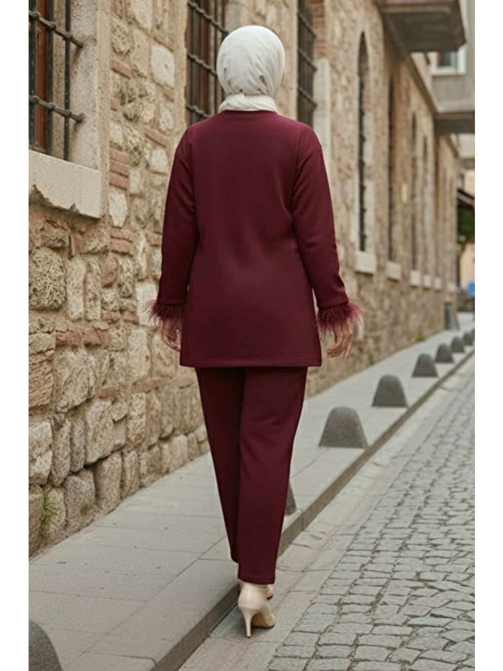 Kol Ucu Tüylü Modal İkili Takım Bordo - 088-BORDO-2
