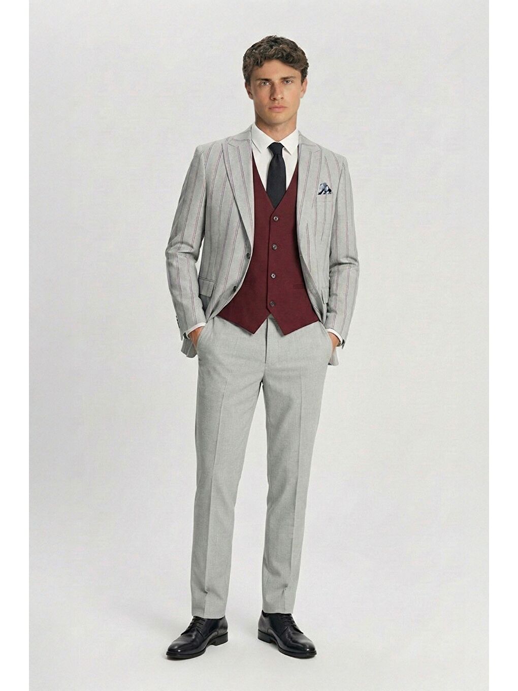 Giotelli Erkek Gri Regular Fit Çizgili Mono Yaka Yelekli 6 Drop Takım Elbise-2