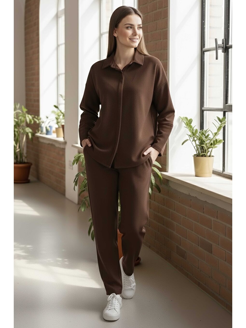 Kahverengi Geniş Kollu Modaal İkili Takım Kahve - 28059-KAHVE