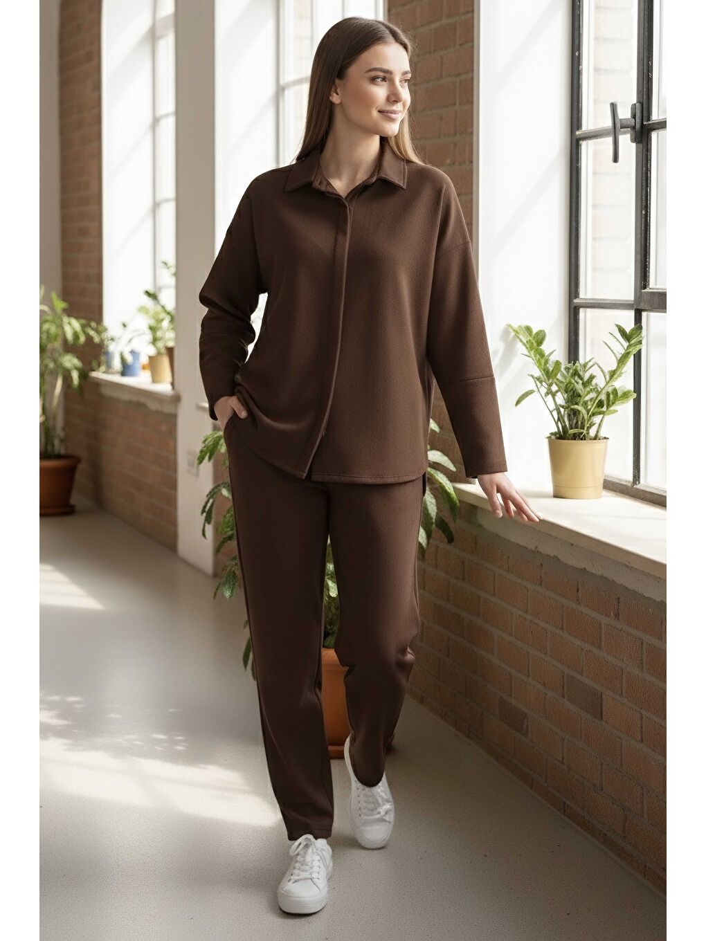 Kahverengi Geniş Kollu Modaal İkili Takım Kahve - 28059-KAHVE-1