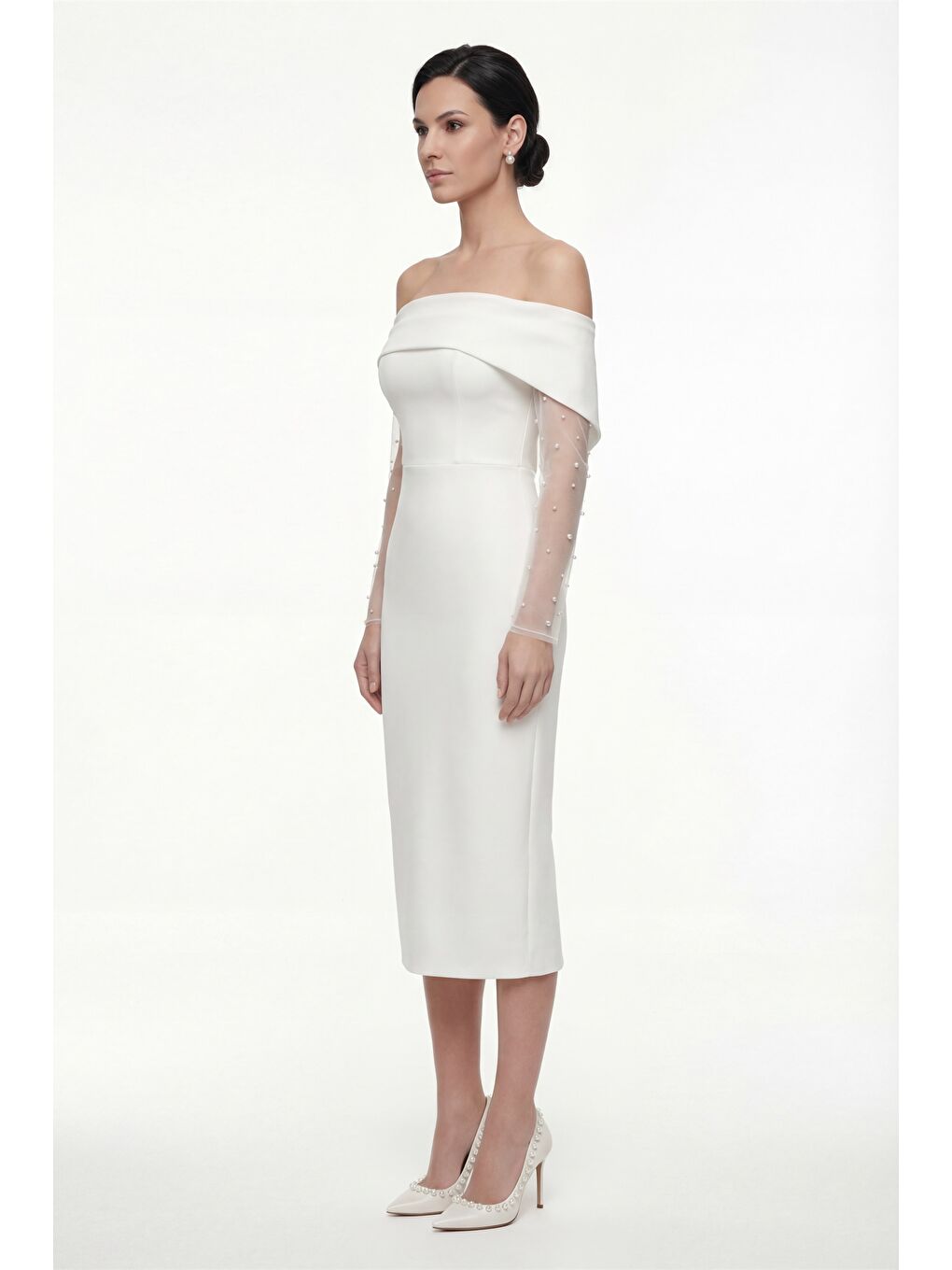 Kadın Beyaz Kayık Yaka İncili Midi Söz Nişan Nikah Abiye Elbise-1