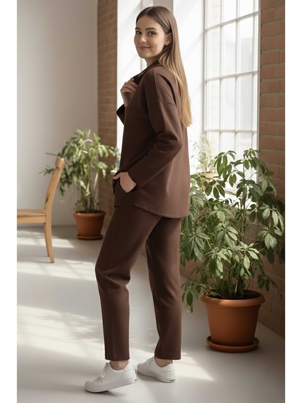 Kahverengi Geniş Kollu Modaal İkili Takım Kahve - 28059-KAHVE-2