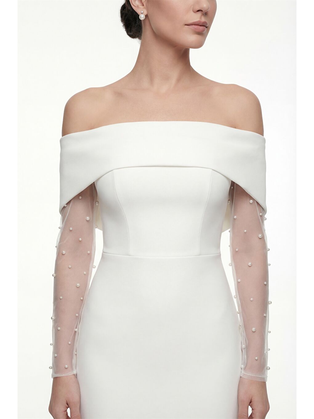 Kadın Beyaz Kayık Yaka İncili Midi Söz Nişan Nikah Abiye Elbise-2