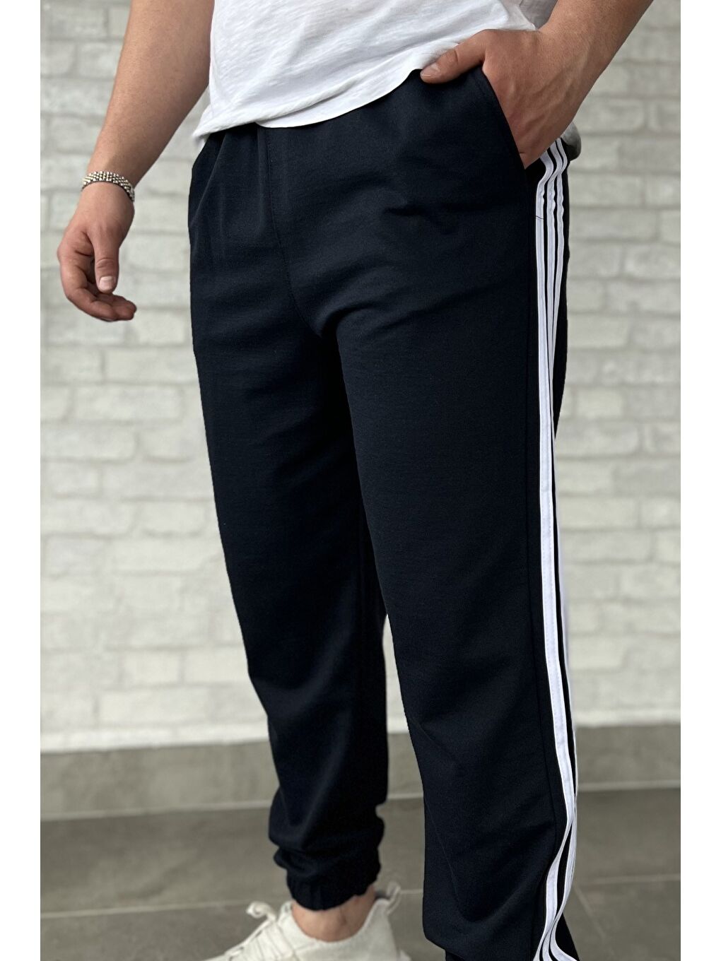 Lacivert Erkek Bel Ve Paça Lastikli Yan Şerit Detaylı Eşofman Altı-3