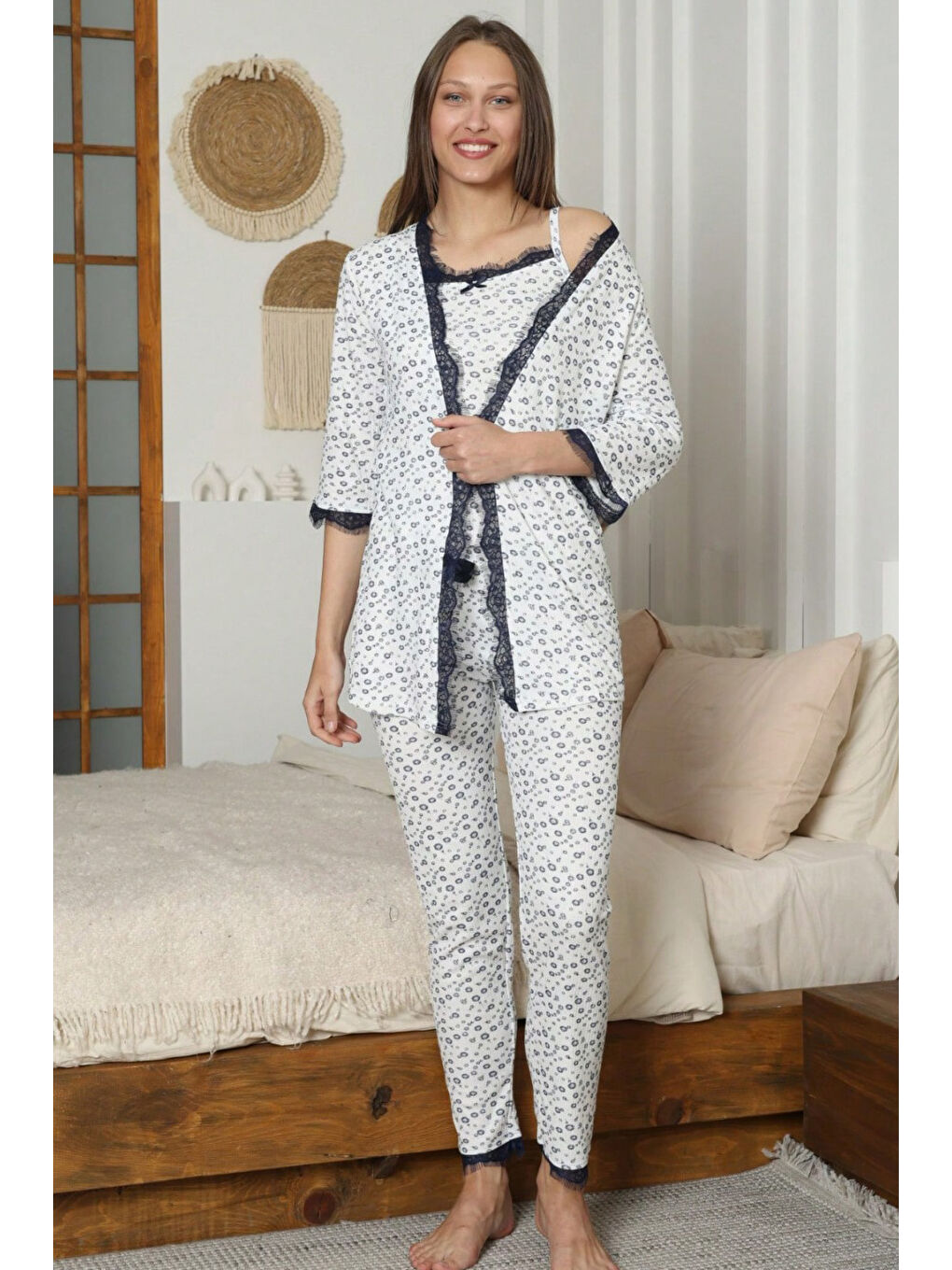 Desenli Üçlü Pijama Takımı Lacivert - 28070-LACIVERT-2