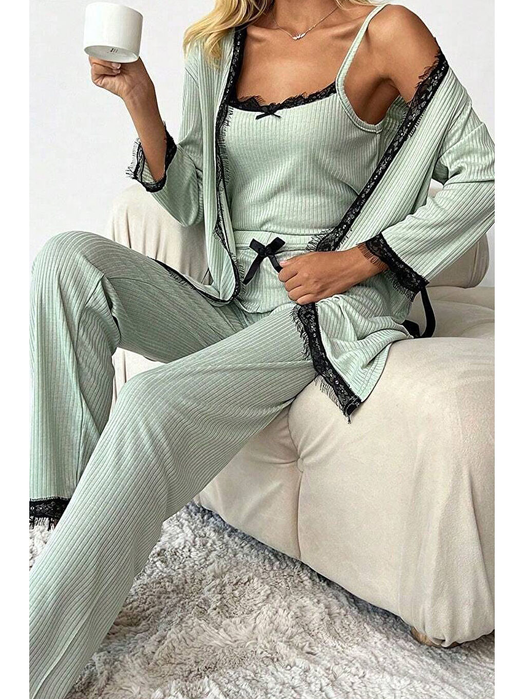 Yeşil Desenli Üçlü Pijama Takımı Mint - 28076-MINT-1