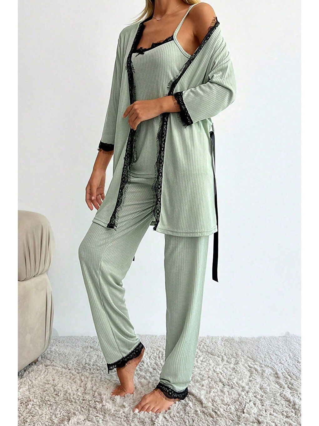 Yeşil Desenli Üçlü Pijama Takımı Mint - 28076-MINT-2