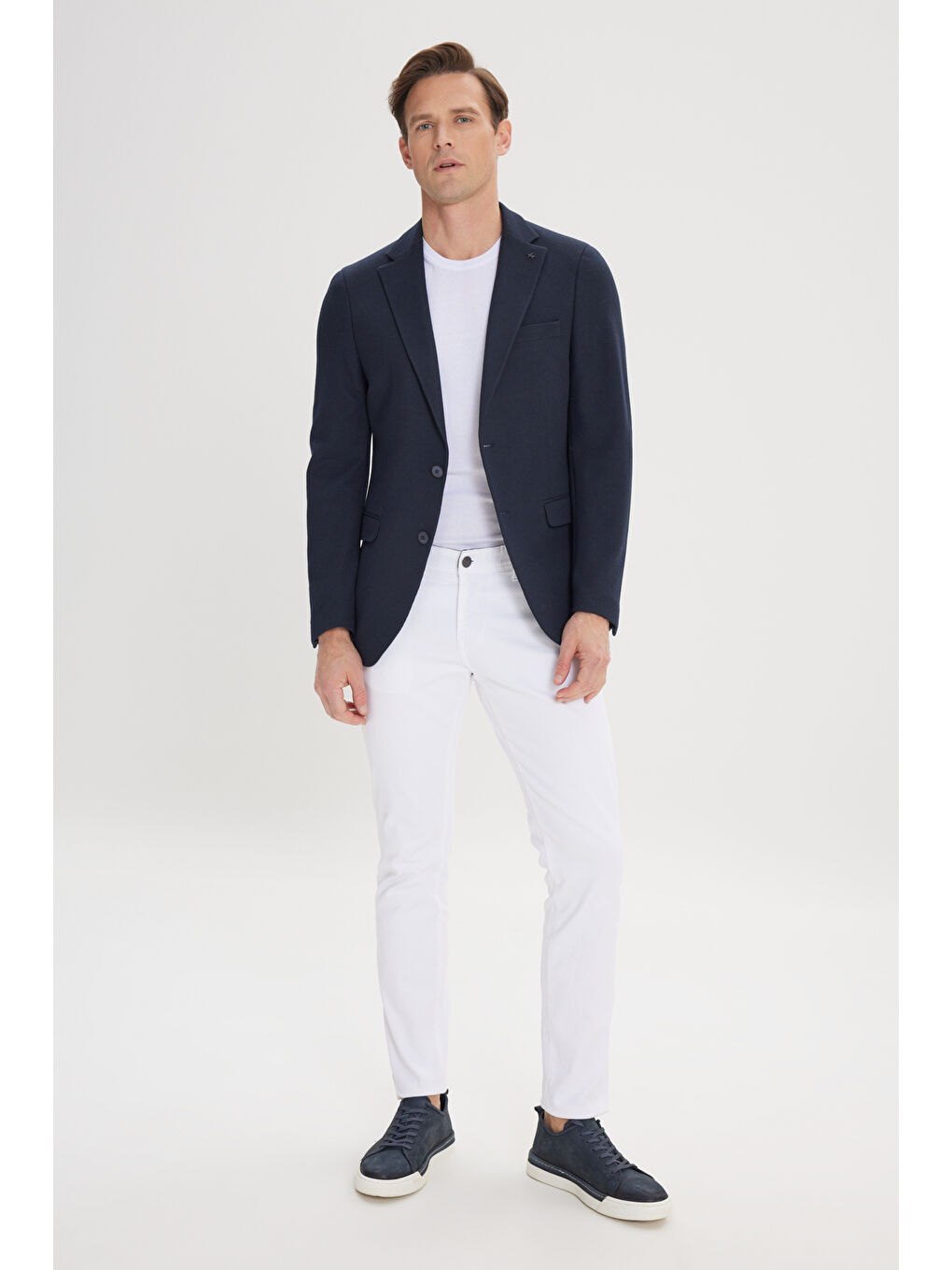 Erkek Lacivert 360 Derece Her Yöne Esneyen Slim Fit Dar Kesim Mono Yaka Blazer Ceket-1