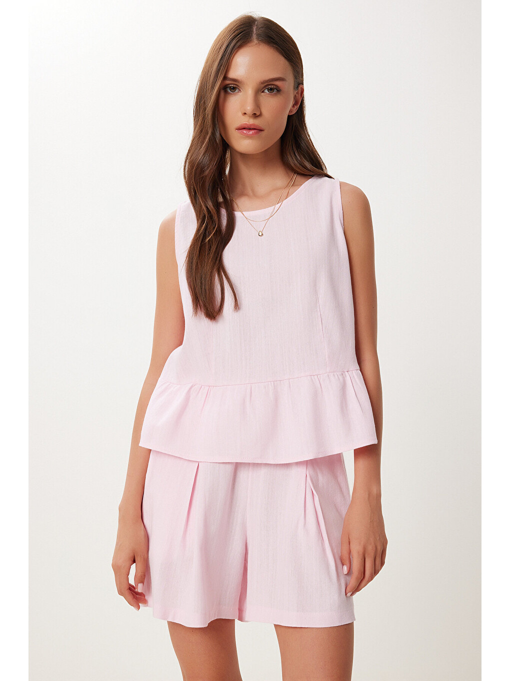 Pembe Keten Bluz Şort Takım ŞEKER PEMBE LMC0061-2