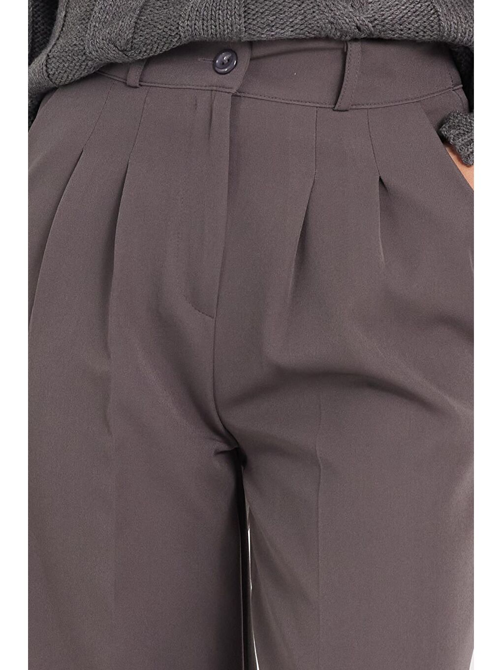 Kadın Regular Fit Klasik Kesim Yüksel Bel Geniş Paça Antrasit Pantolon-2
