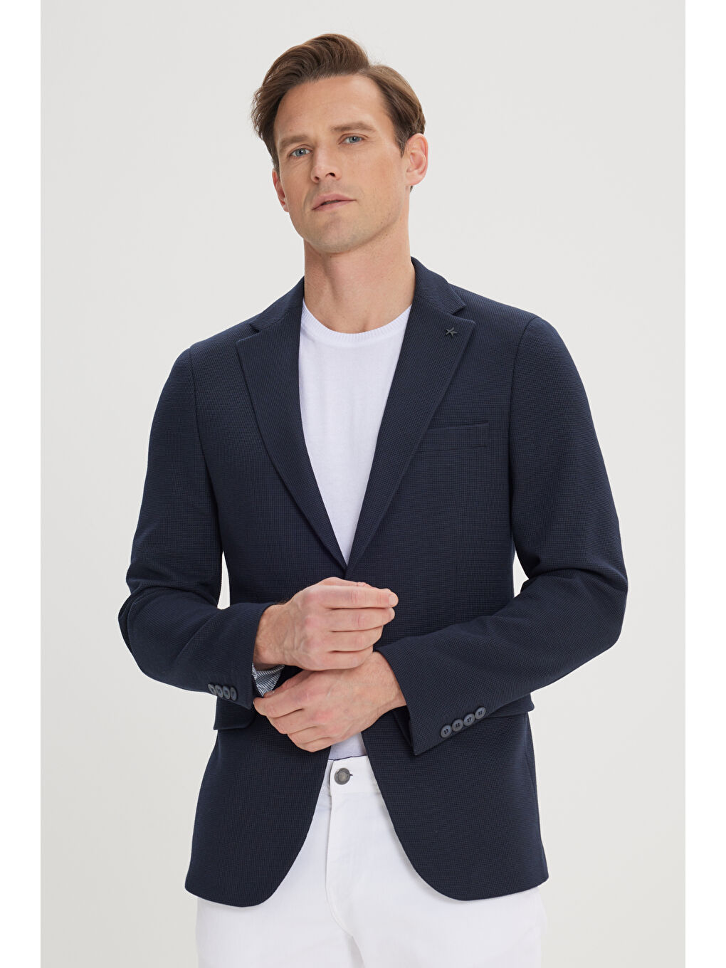 Erkek Lacivert 360 Derece Her Yöne Esneyen Slim Fit Dar Kesim Mono Yaka Blazer Ceket-2