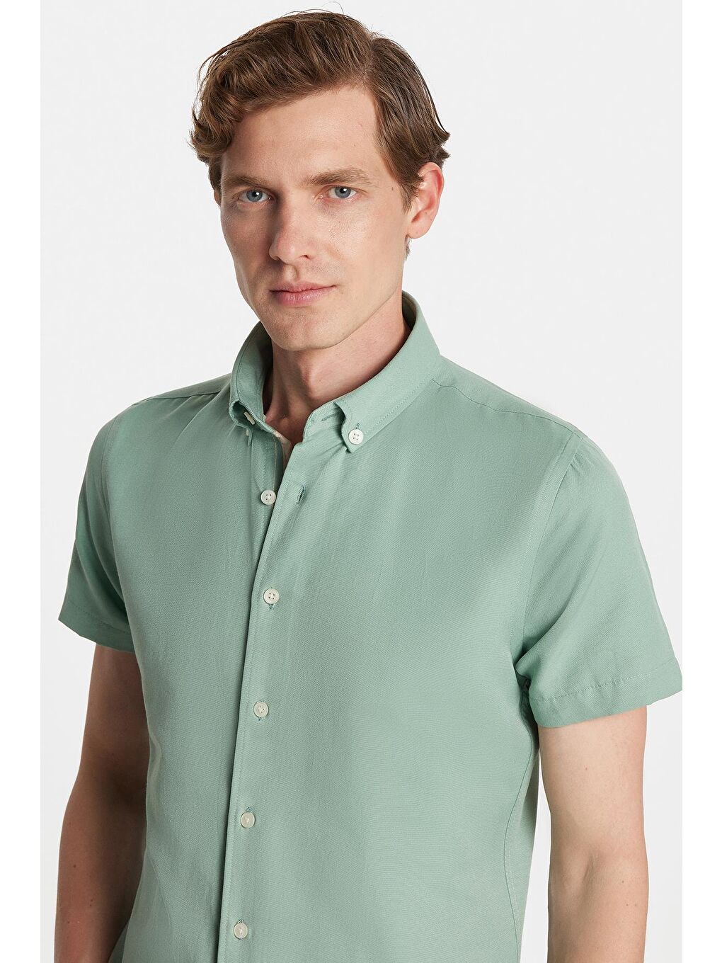 Erkek Slim Fit Dar Kesim Kısa Kollu Spor Yaka Oxford Doku Pamuklu Yeşil Gömlek-1
