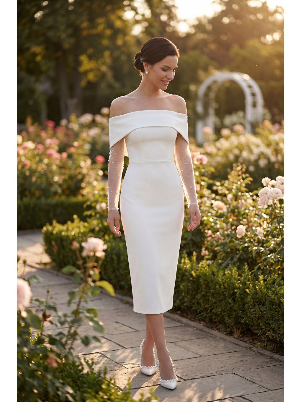 Kadın Beyaz Kayık Yaka İncili Midi Söz Nişan Nikah Abiye Elbise-3