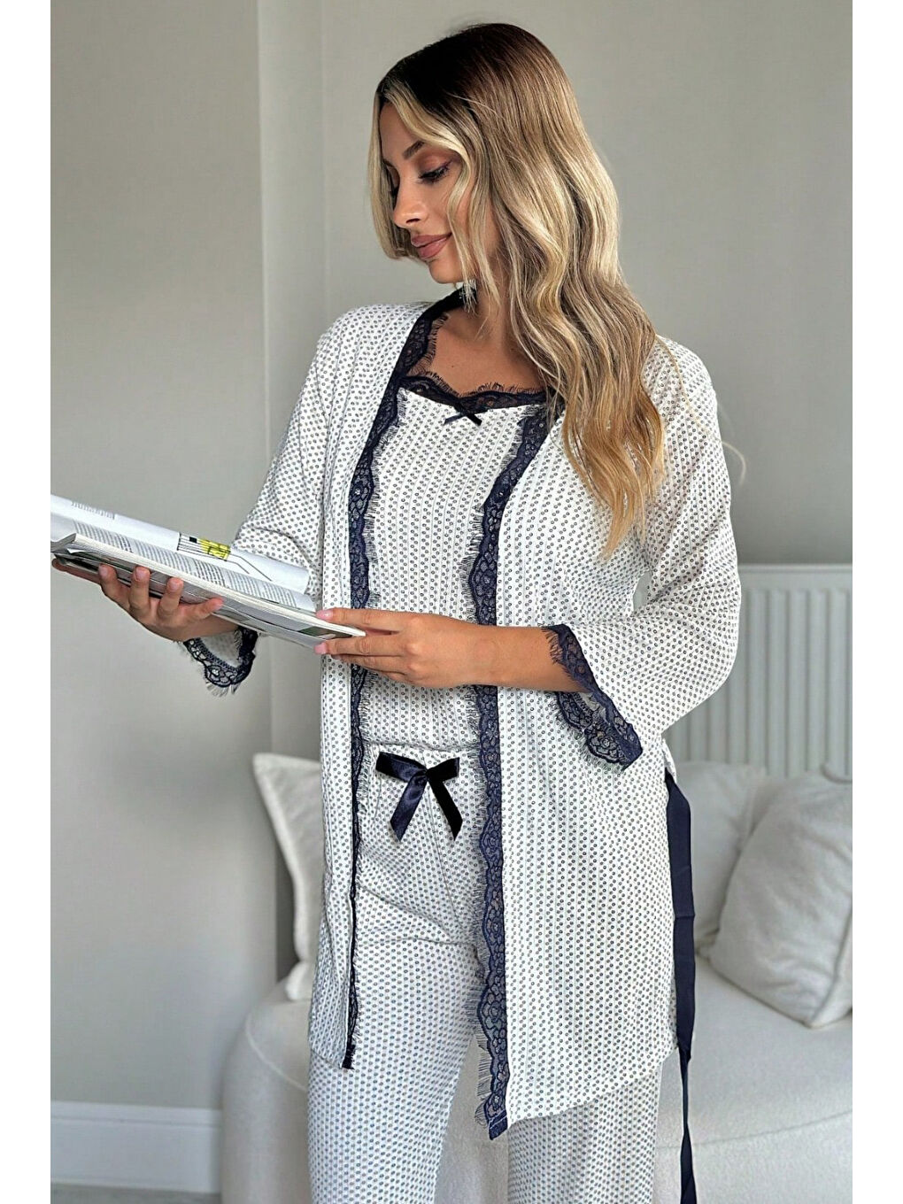 Desenli Üçlü Pijama Takımı Lacivert - 28074-LACIVERT-1