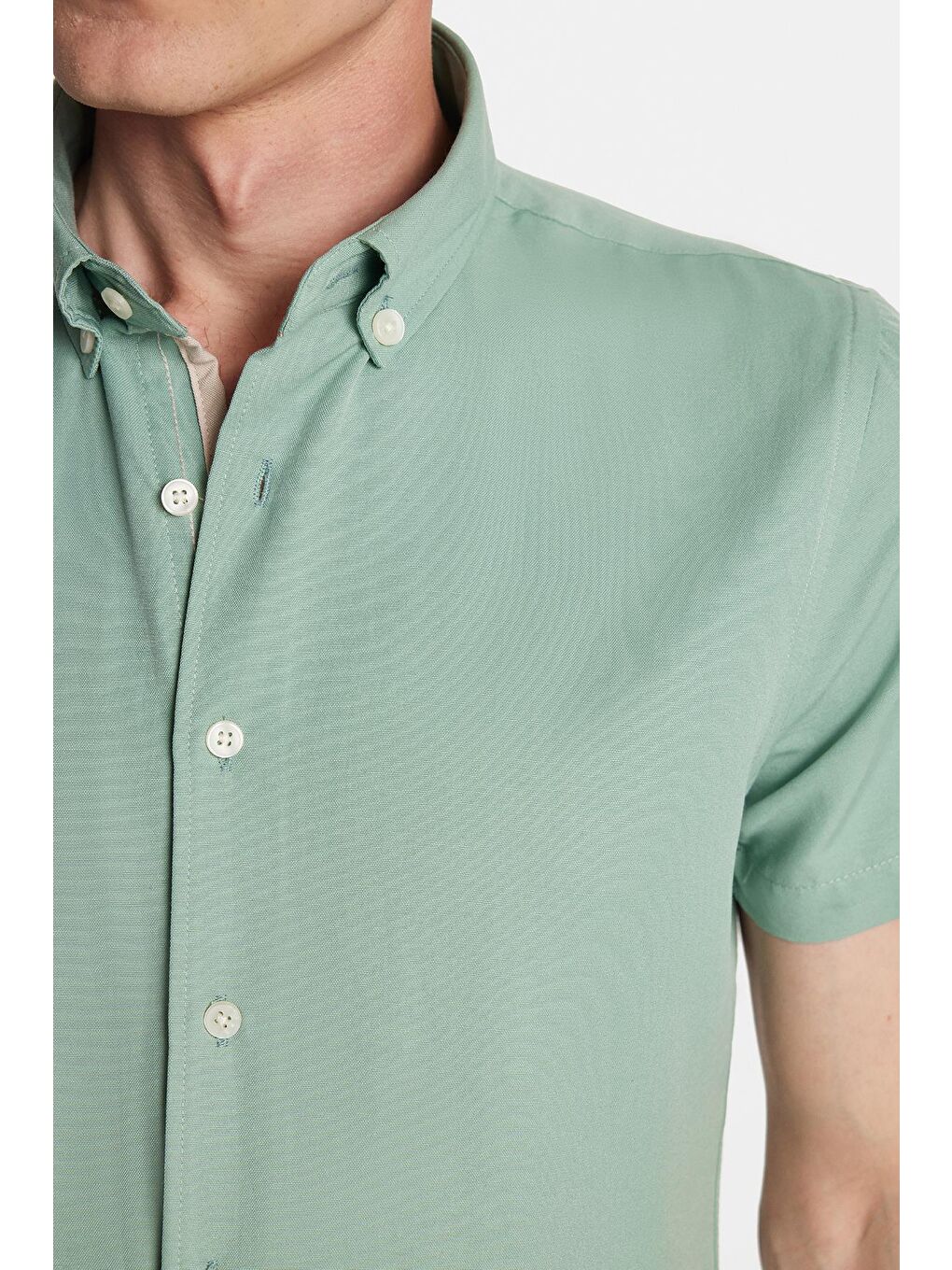Erkek Slim Fit Dar Kesim Kısa Kollu Spor Yaka Oxford Doku Pamuklu Yeşil Gömlek-2