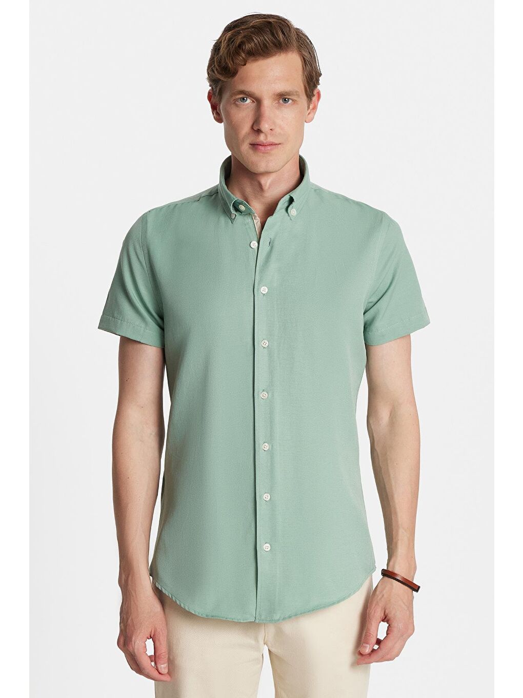 Erkek Slim Fit Dar Kesim Kısa Kollu Spor Yaka Oxford Doku Pamuklu Yeşil Gömlek-3