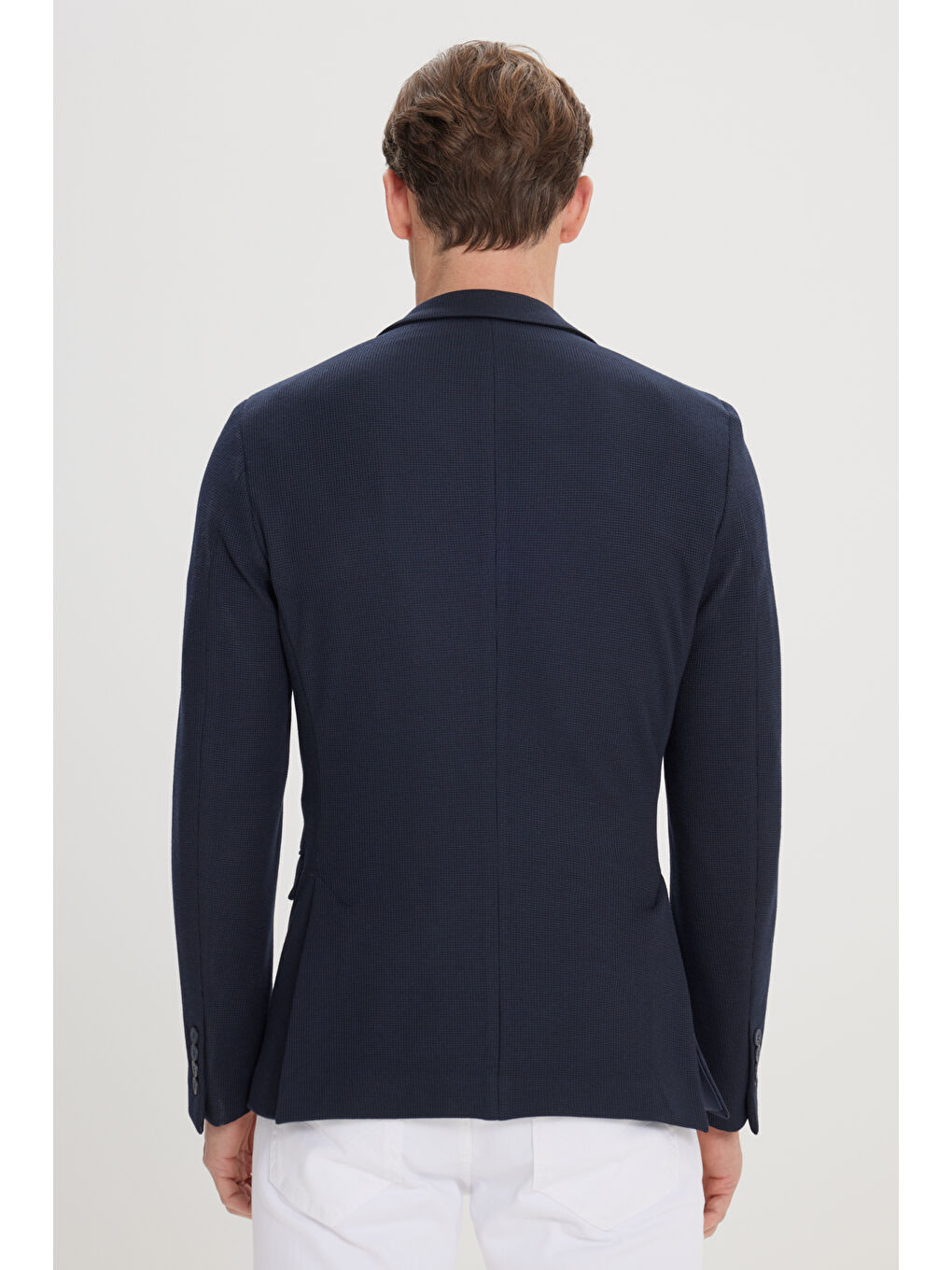 Erkek Lacivert 360 Derece Her Yöne Esneyen Slim Fit Dar Kesim Mono Yaka Blazer Ceket-4
