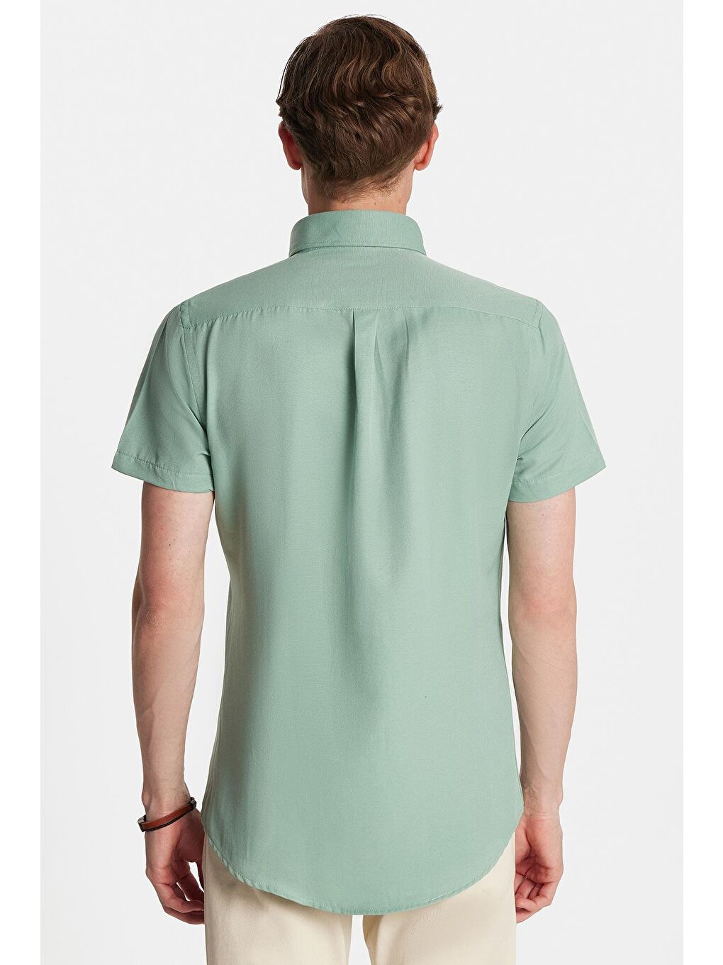 Erkek Slim Fit Dar Kesim Kısa Kollu Spor Yaka Oxford Doku Pamuklu Yeşil Gömlek-4