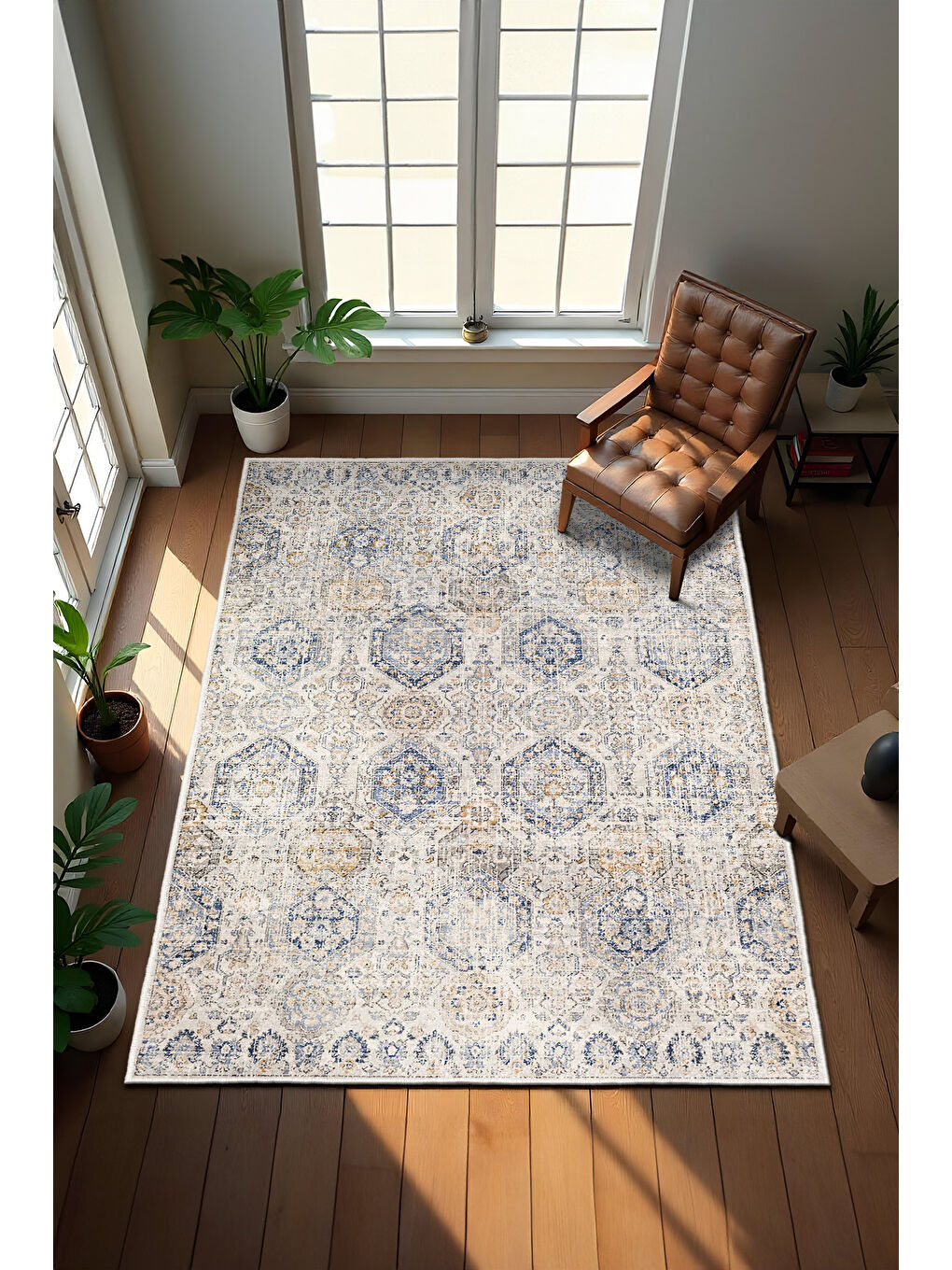 Mavi Dekoratif Özel Tasarım Yıkanabilir İnce Kaymaz Tabanlı Modern Halı KECE FR16-2