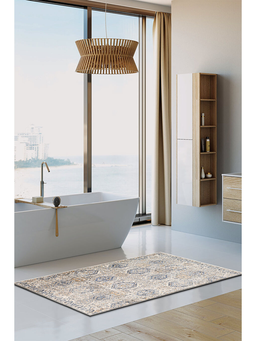 Mavi Dekoratif Özel Tasarım Yıkanabilir İnce Kaymaz Tabanlı Modern Halı KECE FR16-3