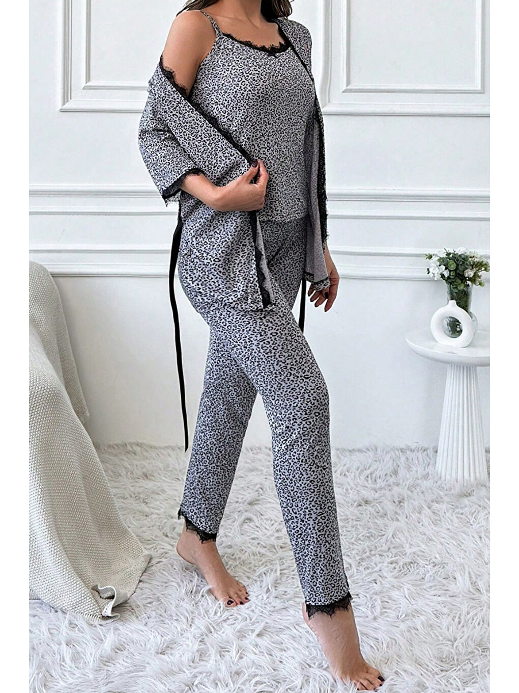 Desenli Üçlü Pijama Takımı Gri - 28072-GRI