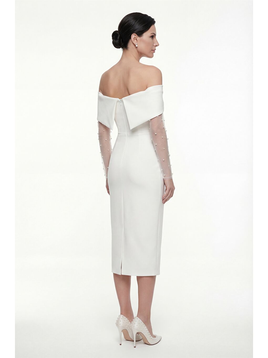 Kadın Beyaz Kayık Yaka İncili Midi Söz Nişan Nikah Abiye Elbise-4