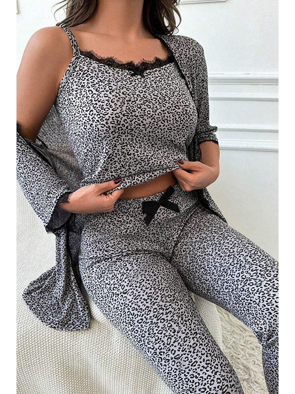 Desenli Üçlü Pijama Takımı Gri - 28072-GRI-1