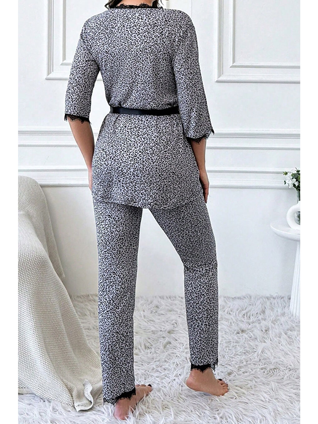Desenli Üçlü Pijama Takımı Gri - 28072-GRI-3
