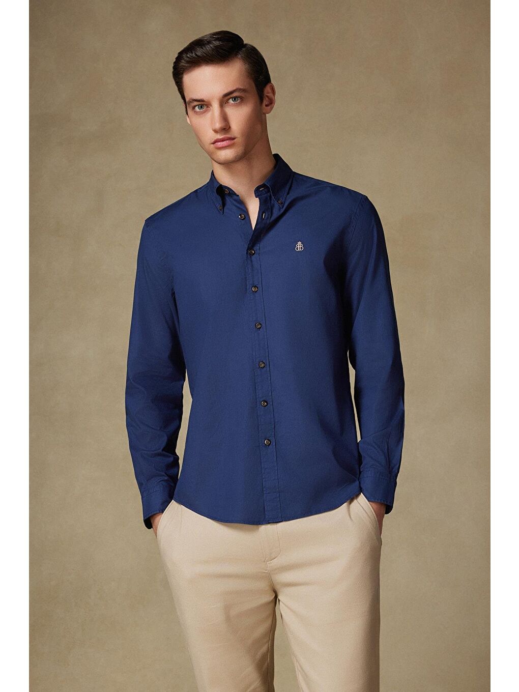 Mario Poplin Pamuklu Comfort Fit Lacivert Düğmeli Yaka Erkek Düz Gömlek